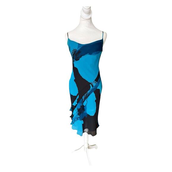 Vtg Express 90s Y2K Silk Slip Dress Ruffle Asymmetric Dark Fairy Midi Sz 2 Blue - Picture 4 of 15